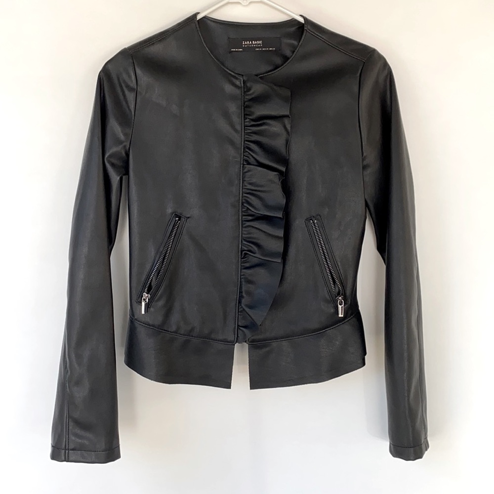 NWOT Zara fitted faux leather jacket with ruffles